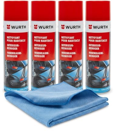 Lot de 4 Mousse Nettoyante Habitacle 500ml | Nettoyant Textile, Plastique et Vitres, Action Antistatique, Anti-Odeur Nicotine, Parfum Pêche, 1 Chiffon Microfibre Gratuit