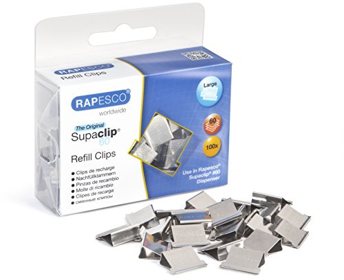 Rapesco CP10060S Supaclip 60 rostfritt stål påfyllningsklämmor, förpackning med 100