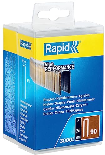 Rapid Tackerklammern Typ 90, 25mm Klammern, 3.000 Stk. Kunststoffbox, Schmalrückenklammern für Holz mit geharzte Oberfläche