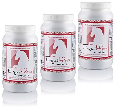 3 Dosen EquiMove Muscle (3 x 1,5 kg). Gamma-Oryanol und Algen ohne Aromastoffe. Effektiver Muskelaufbau für Dein Pferd.
