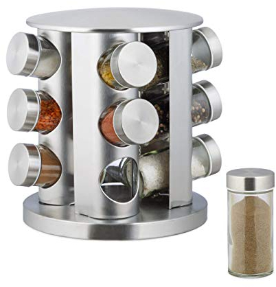 Relaxdays Gewürzregal, mit 12 tlg. Streuer-Set, Edelstahl, drehbar, modernes Design, spülmaschinengeeignet, silber, 19,5 x 19,5 x 21 cm