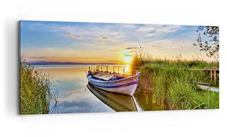 ARTTOR Leinwandbild 100x40cm Wandbild Landschaften Maritim - 3950 | See Boot Wasser Panorama Groß Wanddekoration Wohnzimmer Schlafzimmer Wanddeko Wand Kunstdruck Wandkunst Wall Decor ARTTOR