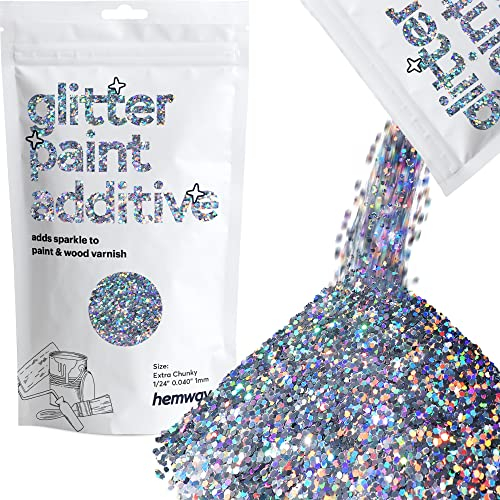 Hemway Glitter Paint Additive - Silver Holographic | 100g Extra Chunky Metallic Flakes for Adding Sparkle to Paints & Wood Varnish | Add to Emulsion, Acrylic & Latex for Indoor Sparkly Walls
