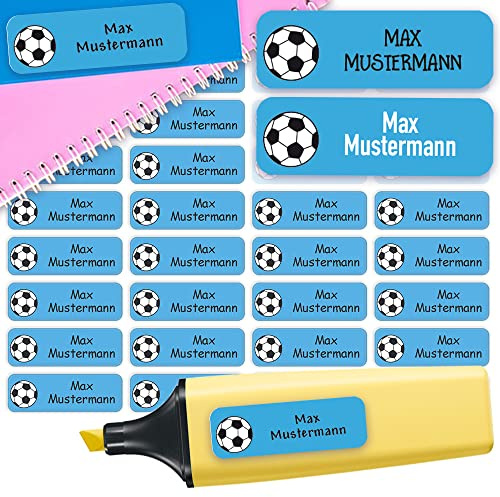Namensaufkleber Fußball personalisiert wasserfest 60 Stück Schule Kita | Namenssticker mit Wunschname für Brotdose Trinkflasche Stifte Schule Federmappe Kindergarten Schulstart spülmaschinenfest
