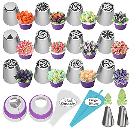 Russian Piping Nozzles Set 12 Russian Cake Decorating Nozzles 2 Small Flower Nozzles 2 Couplers 10 Disposable Bags 1 Icing Bag Cake Decorating Tools