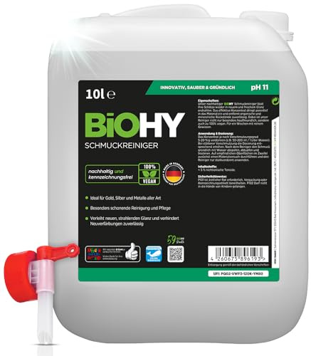 BiOHY Nettoyant de Bijoux (Bidon de 10l) + Robinet | Concentré de Nettoyage pour Tout Appareil à ultrasons | Nettoyage Durable et Doux pour Montres, Bijoux et métaux (Schmuckreiniger)