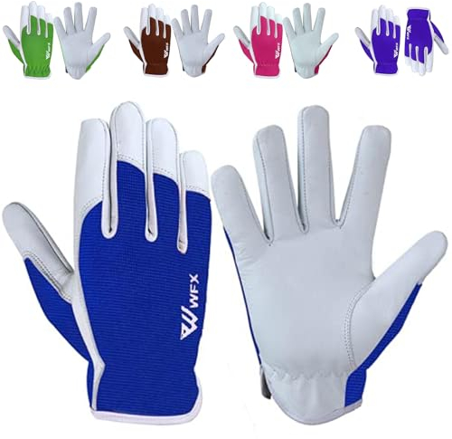 WFX Guanti da lavoro in pelle da giardinaggio, traspiranti, a prova di spine, resistenti guanti da giardinaggio da donna e da uomo (Blu, L)