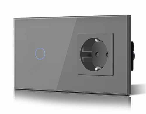 BSEED Touch Lichtschalter mit Steckdose aus Glas, Modern Steckdosen Unterputz, Wandschalter mit LED Hinterlicht (Kein Neutralleiter erforderlich), Kein WLAN, 157mm 1 Fach 2 Wege Grau