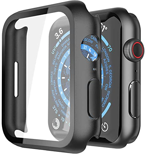 Piuellia 2 Pack Black Case for Apple Watch Series 9 Series 8 Series 7 45mm | Screen Protector with Tempered Glass, Ultra-Thin Shockproof Overall Protective Cover for Apple Watch S9/S8/S7