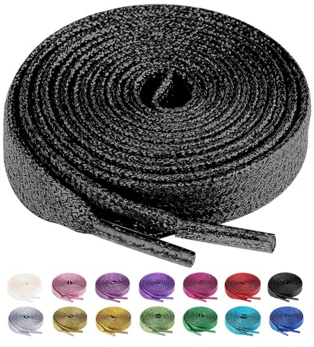 Olukssck 2 Paires Lacets Plats Pailletés Premium, Lacets de Remplacement de 10mm de Qualité Supérieure pour Chaussures de Sport, Chaussures de Ville, Noir, 120cm