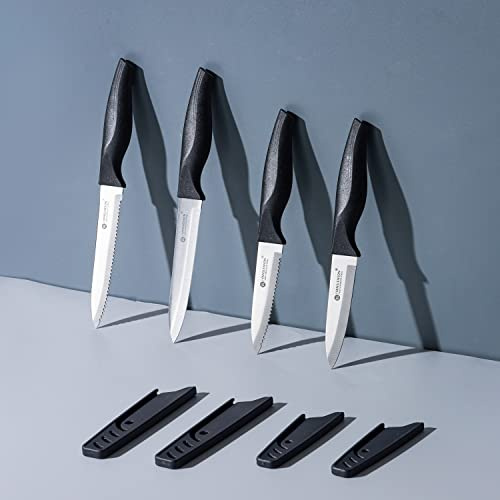 VSL VANSLENSON Multipurpose Kitchen Knife set 4 inch Paring Knife with Cover, Steak Knife, 5 inch Utility Knife, 5 inch Serrated Blade Knife Black Handle (Set of 4 mixed combo)