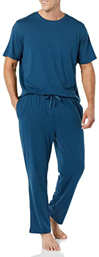Amazon Essentials Pigiama da Uomo in Modal con Maglietta e Pantaloni a Lunghezza Intera, Blu Scuro, XS