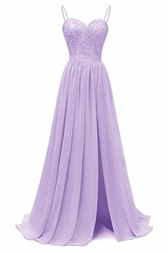 N/ C SAYNO - Vestido de dama de honor con cuello en V y tirantes delgados para mujer, vestido de dama de honor, vestido largo con abertura lateral de gasa para boda, noche, Lila, 50