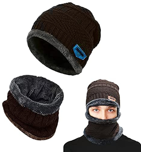 AOMAIGAD Vintermössa, vintermössa, klassisk mössa för män och kvinnor, vintermössa och halsduksset, tjock, mjuk, dubbelskiktad plyschfoderhatt och halsvärmare för män och kvinnor, BRUN, L