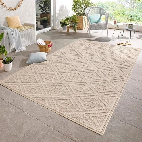 Carpetsale24 In & Outdoor Bouclé Teppich Läufer wetterfest Beige 80x150 cm Skandinavische Rauten Design 3D Hoch Tief Effekt ideal für Flur Balkon oder Küche