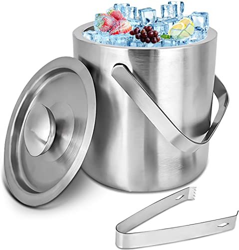 Contenitore per cubetti di ghiaccio da 1,3 litri: contenitore per cubetti di ghiaccio con coperchio, secchio per ghiaccio in acciaio inox con pinza, contenitore isolato a doppia parete