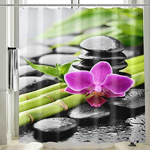 Vgzsyomqib 3D Zen Duschvorhang Antischimmel Wasserdicht für Badewanne Natur Orchidee Stoff Vorhang Shower Curtains 240x200 Lang Grün Bambus Schwarz Duschvorhänge Waschbar Textil mit Haken