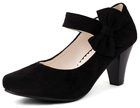 elerhythm Mary Jane vintage klackar med Bow Gatsby 1950-tals pumpar stängd tå 1920-tals viktorianska ankelremmar fuskmockaskor, Svart, 38 EU