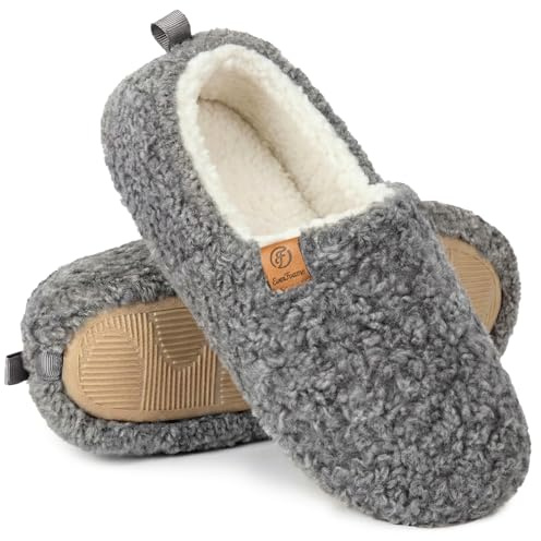 EverFoams Women’s Soft Curly Full Slippers Memory Foam Lightweight House Shoes Cozy Loafer with Polar Fleece Lining Grey,8.5 US