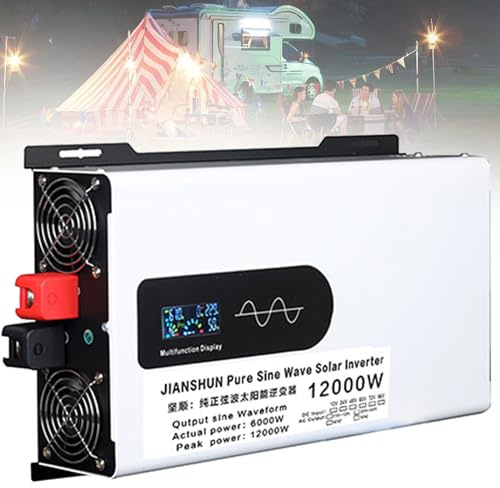 5000W 6000W 8000W 9000W 12000W Convertisseur Pur Sinus DC 12V 24V 48V 60V 72V 96V à AC 220V/230V -2 Prises AC Onduleur Solaire à Onde Sinusoïdale Pure Transformateur,12000W-24V