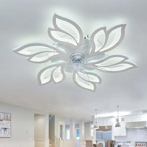 Caufloce Lampadario Con Ventilatore Da Soffitto Dimmerabile, Smart LED Fiore Reversibile Ventola Soffitto Con Luce E Telecomando Silenzioso Moderno DC Luce Con Ventilatore Salotto Per Cucina-White