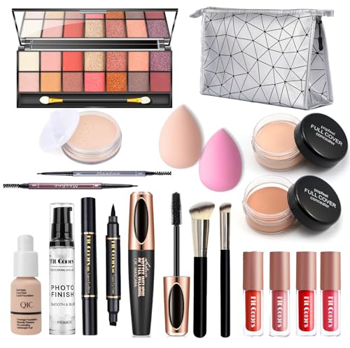 Make-up Sets, 18 Stück All in One Makeup Set, Multifunktions Kosmetik Schmink Kit Frauen, Kosmetik Starter Kit Make-up Geschenkset mit Lidschatten Palette, Lippenstift, Eyeliner, Mascara, Pinsel