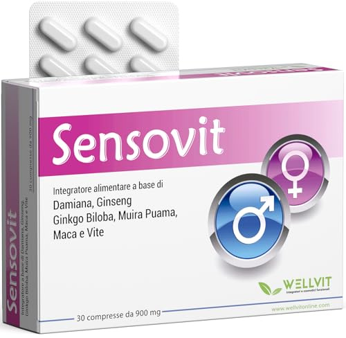 Sensovit - Integratore Naturale con Maca Peruviana, Ginseng, Ginkgo Biloba e Damiana, Supporto Energia, Vitalità e Benessere Psicofisico - Made in Italy - 60 Compresse - Wellvit