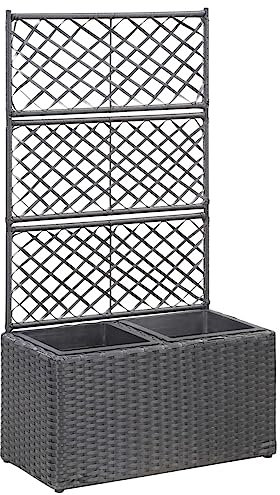 Homgoday Hochbeet mit Rankgitter 2 Töpfe Pflanzkübel mit Spalier Pflanzkübel Pflanzkasten Blumenkübel Spalier mit Blumenkasten für Kletterpflanzen 58×30×107cm Poly Rattan Schwarz