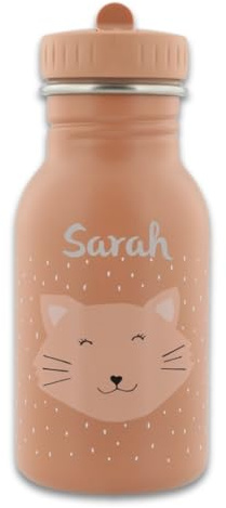 Trixie Bouteille d'eau personnalisée pour enfant avec prénom Motif chats 350 ml en acier inoxydable anti-fuite, fermeture adaptée aux enfants en option avec sac à dos