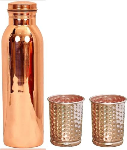 BishtHub Mix Drinkware Set Copper 1000 ML Acqua Pianura Bottiglia con 2 Rame Martellato Vetro, Drinkware Gift Set (1000 ML Bottiglia, 300 ML Vetro) Articolo Da Cucina Utensili In Rame