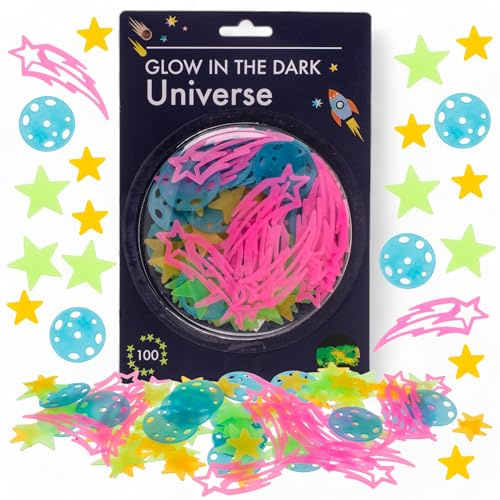 MIJOMA Zauberhaftes Universum Wandsticker Set – 100-teilig | Nachleuchtende Sterne & Planeten, Glow in the Dark, Sternenwelt Neonfarben, komplett mit Klebepunkten, für Sternenhimmel