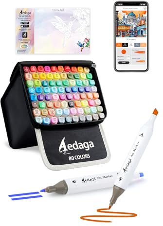AEDAGA 80 Colours Alcohol Markers with Free App, Dual Tips Alcohol Pens | Kickstand Case | Non-Toxic | Chisel and Fine Tip | Blendable | Colouring Pens for Adults, Anime, Manga, Drawing, Sketching