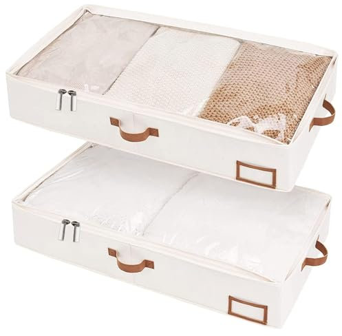GBACHOOSE 2 Stück Unterbettkommode 85 * 45 * 15cm, Unterbett Aufbewahrung mit deckel, Aufbewahrungstasche für Kleidung, Bettdecken, Decken, Steppdecke, Beige