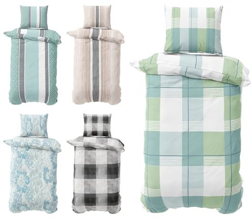 Visaggio Biber Bettwäsche 155x200 cm Feinbiber Bettbezug Winterbettwäsche Schlafzimmer Set Streifen Grün Petrol