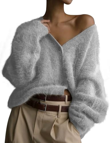 COZYPOIN Pull en Tricot pour Femmes avec col en V, Manches Longues, Boutonnage et épaules dénudées, Pelucheux et Ample - 2026 Mode, Gris Clair, Taille XL