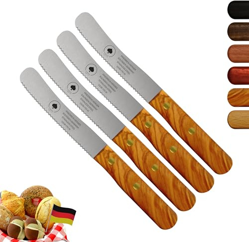 Solingen Messer, 4er Set Olive Holzgriff, Wellenschliff, Premium Buckelmesser, Klinge rostfrei 11cm - Küchenmesser, Brotmesser, Frühstücksmesser, Dünnschliff & Handabzug, Made in Germany