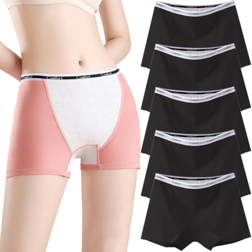 Hornice 5 Pezzi Mutandine Mestruali Donna Boxer a Vita Media in Cotone Pantaloni di Sicurezza Mutandine per Ciclo Pantaloncini Protettivi per Il Periodo Dopo Il Parto Hotpants,Nero,M