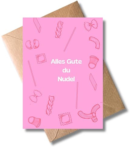 WBdesignz süße Geburtstagskarte „Alles Gute du Nudel“ mit Umschlag – Lustige Karte zum Geburtstag für Freunde & Pasta Liebhaber – Rosa Glückwunschkarte – Humorvoll Witzig (DIN A6)