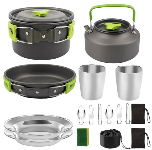 Fesatccoz Set di pentole da campeggio, in lega di alluminio, leggero, con pentole e padelle in acciaio inox, piatti, forchette, coltelli, cucchiai, per 2-3 persone