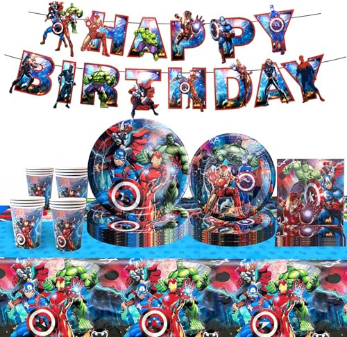 Geburtstags 52 Stück Partygeschirr Geburtstagsdeko Set mit Heros, Deko Geburtstag Kinder, Party Dekoration Supplies Geschirr Teller Becher Tasse Tischdecke Servietten Pull Flag(10 Gäste)