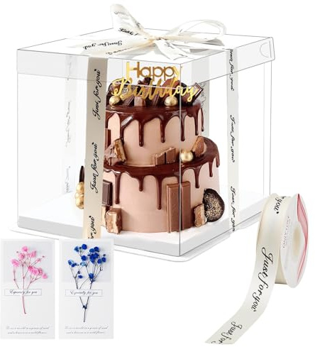 lafo Kaktransportlåda, tårtlåda, hög transparent 30 x 30 x 25 cm, presentförpackning transparent med bas, vitt satinband 2,5 cm och 2 gratulationskort, för födelsedag, bröllop, dessert (1, 30 x 30 x