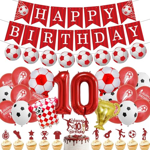 Football 10th Birthday Decorations Boy - 38 Pcs Red Party Decoration Including Happy Birthday Banner, Soccer Trophy Balloons, Number 10 Balloon and Cupcake Toppers for Boys Football Party Supplies