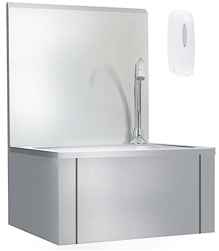 Handwaschbecken mit Wasserhahn und Seifenspender, Edelstahl 304, Hygienische Knie-Bedienung, Spüle Küche, Waschbecken für Gastronomie, 40 x 34 x 56 cm
