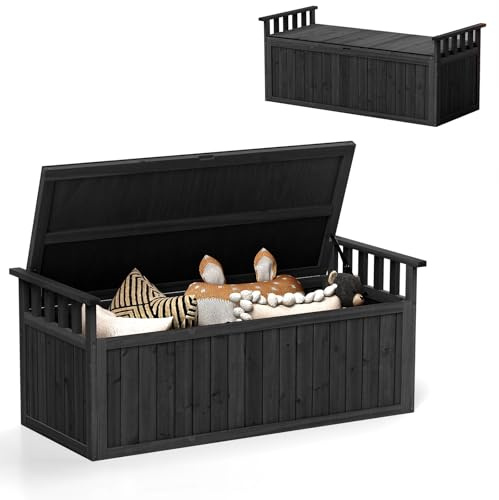 HOMASIS 209L Auflagenbox XXL, Gartenbox aus Fichtenholz, Aufbewahrungsbox mit Deckel & Armlehnen, Gartentruhe Kissenbox, Auflagentruhe Sitzbank mit Stauraum für Garten Balkon (Schwarz)