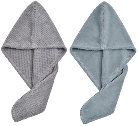 LifgWas 2 toallas de microfibra para el pelo, toalla turbante superabsorbente con botón, toalla de secado rápido para mujer, color gris, toalla de secado rápido para proteger contra la rotura del