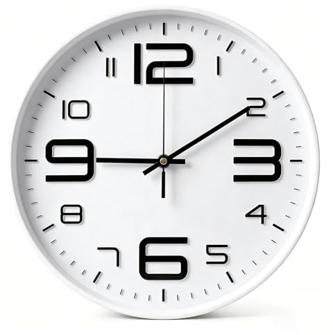 Vexnaro Horloge Murale Silencieuse 30 cm à Quartz, Grand Cadran Facile à Lire avec Verre, Fonctionne à Piles, Décoration Murale, Ronde décorative pour Cuisine Salon Chambre Bureau École (Blanc)