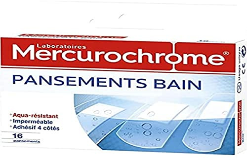MERCUROCHROME - Pansements bain aqua-résistant - Imperméables à l'Eau - Boîte de 16 pansements - 3 Formats Différents - Ultra-fins et Transparents - Ne colle pas à la plaie