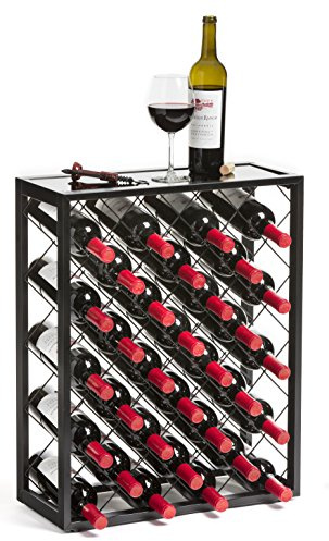 Mango Steam 32 Bottle Wine Rack with Black Glass Top Shelf, Free Standing for Home, Kitchen and Bar