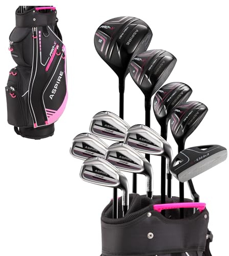 Aspire PRO-X Dam komplett högerhänta golfklubbor set innehåller Titanium F Driver, 3 Fairway Wood, 4-5 Hybrids, 7-SW-järn, putter, vagnväska, 4 H/Cs (vanlig storlek, höger hand)