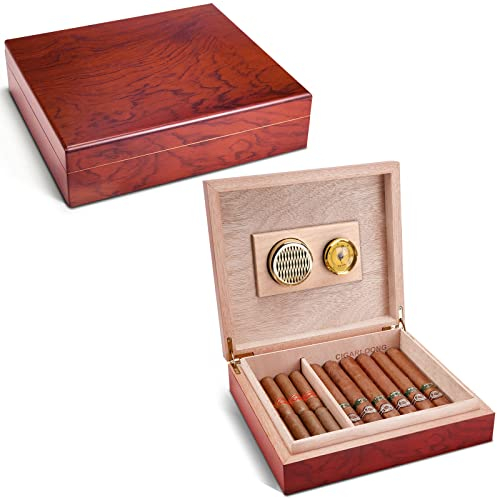CIGARLOONG Cigar Humidor with Hygrometer and Humidifier Travel Cedar Wood Cherry Desktop Box Holds up to 15-20 Cigars